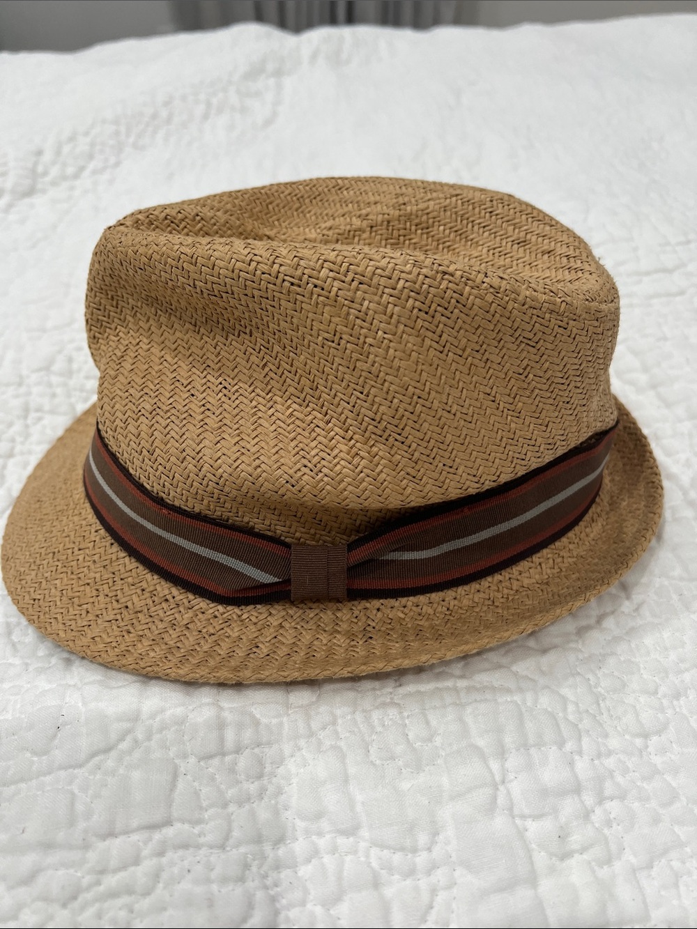 Goorin Bros Tan Straw Fedora with Brown and Rust Ribbon